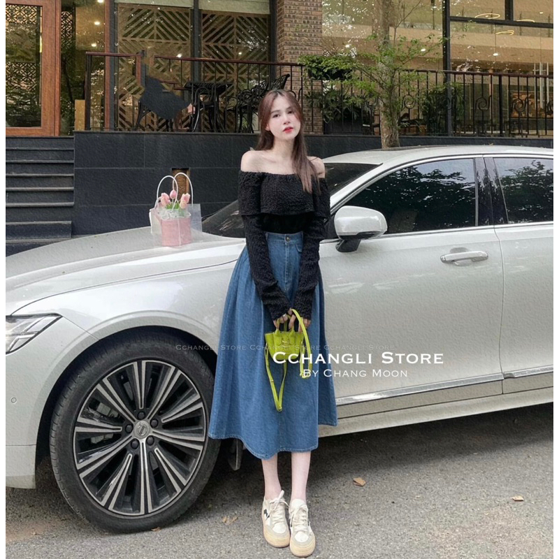 Sét áo xốp bẹt vai chân váy jean xoè