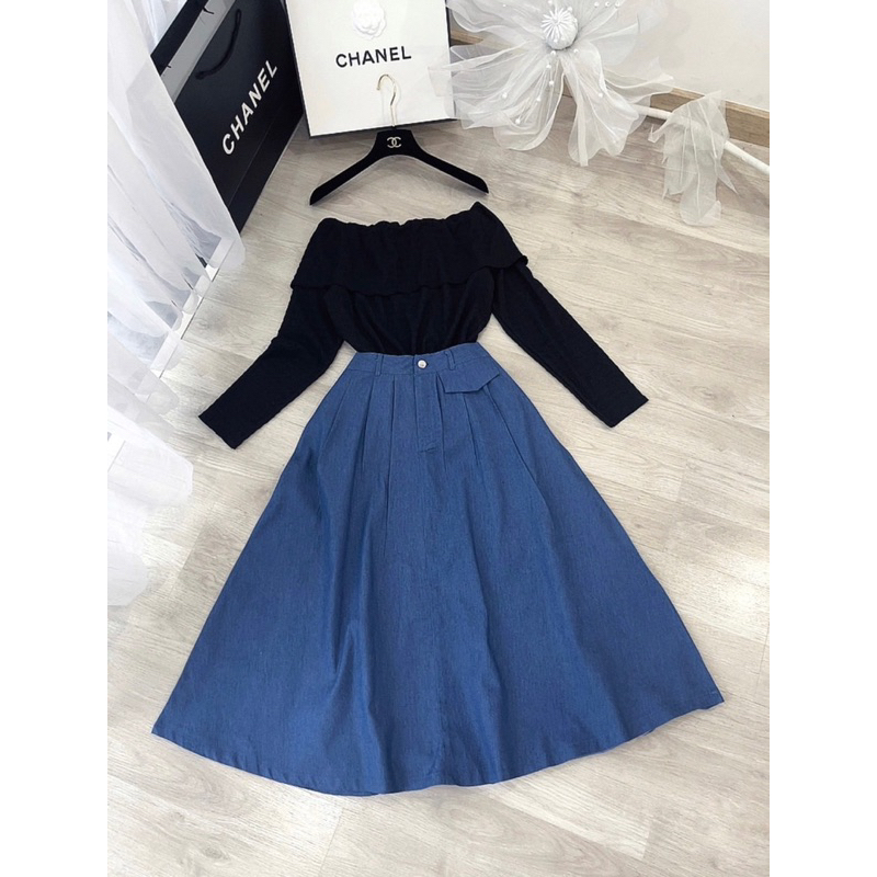 Sét áo xốp bẹt vai chân váy jean xoè