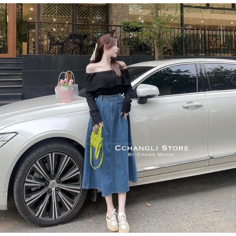 Sét áo xốp bẹt vai chân váy jean xoè