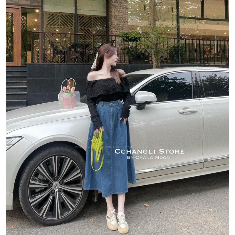 Sét áo xốp bẹt vai chân váy jean xoè