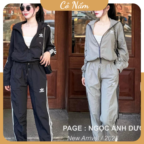 Set Bộ Thể Thao Nữ Áo Khoác Gió Mỏng Dass Dài Tay Có Mũ Rút Dây Rót Viền Đen Mix Quần Bom Dài Ống Rộng