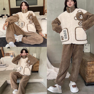 Bộ ngủ lông gấu kéo khóa cao cổ thêu gấu nâu dễ thương, sét đồ bộ pyjama mặc nhà lông cừu 2 mặt mượt mà form rộng unisex