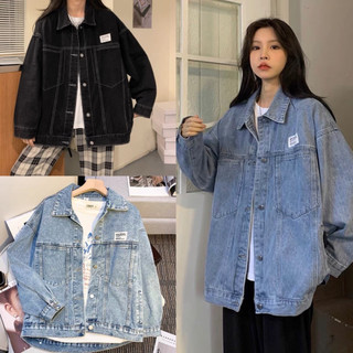Áo khoác jean nữ trơn thêu logo 2 màu đen xanh form rộng thể thao nam nữ unisex, Áo bò demin jackit đi chơi đi học