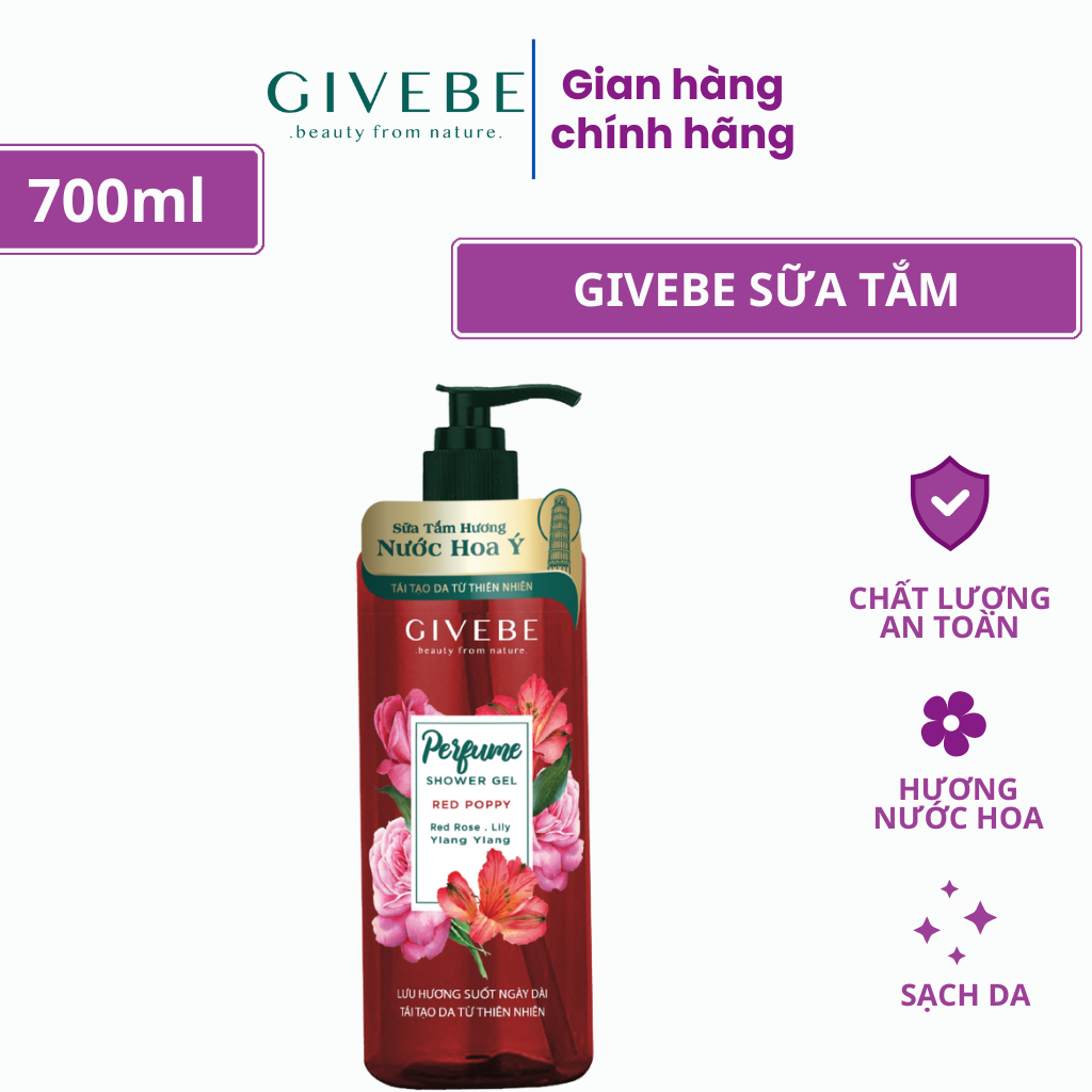 Sữa tắm GIVEBE Đỏ - Red Poppy 700ml tái tạo làn da, mềm mại, sạch mụn kết hợp lưu hương nước hoa Ý