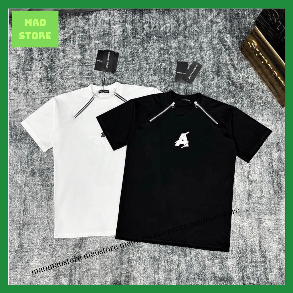 Áo Phông Nam Nữ Premium Cotton Dolce 2 Khoá Zip Cổ Phối Thêu Chữ A Da Trước Ngực - Áo Thun Siêu Cấp Dành Cho Boy Phố Hot