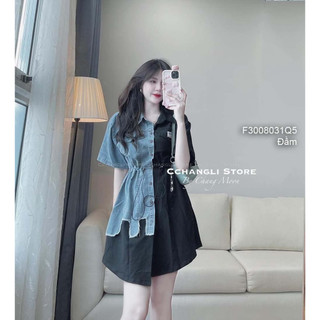Đầm sơ mi phối jean bên dây rút eo tay con hàng đẹp!