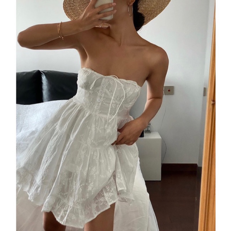 |OIPNIN DRESS| Đầm trắng cúp ngực thêu hoa tiểu thư mùa hè
