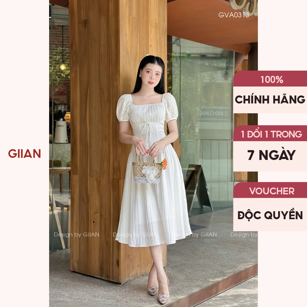 Váy trắng dáng ngắn tay bồng cổ vuông thiết kế eo corset chính hãng Giian - VA0313
