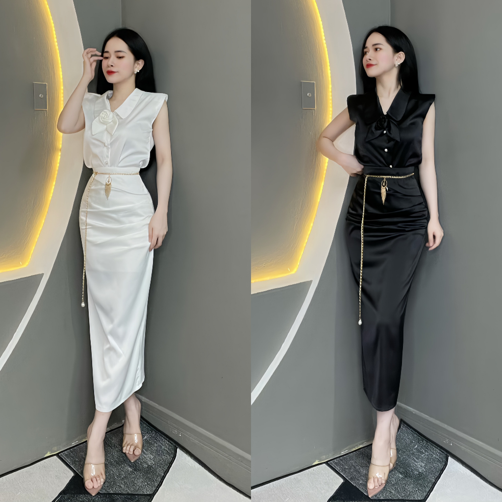 Set Thiết Kế Áo Cách Điệu Phối Chân Váy Dáng Dài ( Kèm Thắt Lưng ) T1472 - Thanh Tự