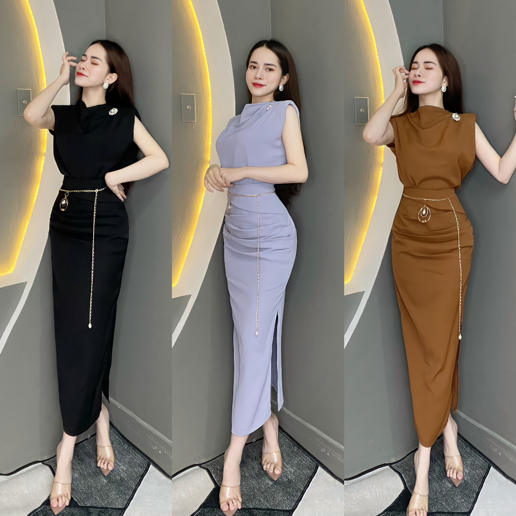 Set Thiết Kế 3 Món Áo Cách Điệu Phối Chân Váy Dáng Dài ( Kèm Tag Cài và Thắt Lưng ) T1123 - Thanh Tự