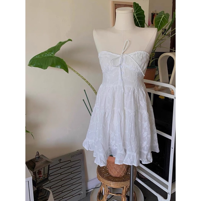 |OIPNIN DRESS| Đầm trắng cúp ngực thêu hoa tiểu thư mùa hè
