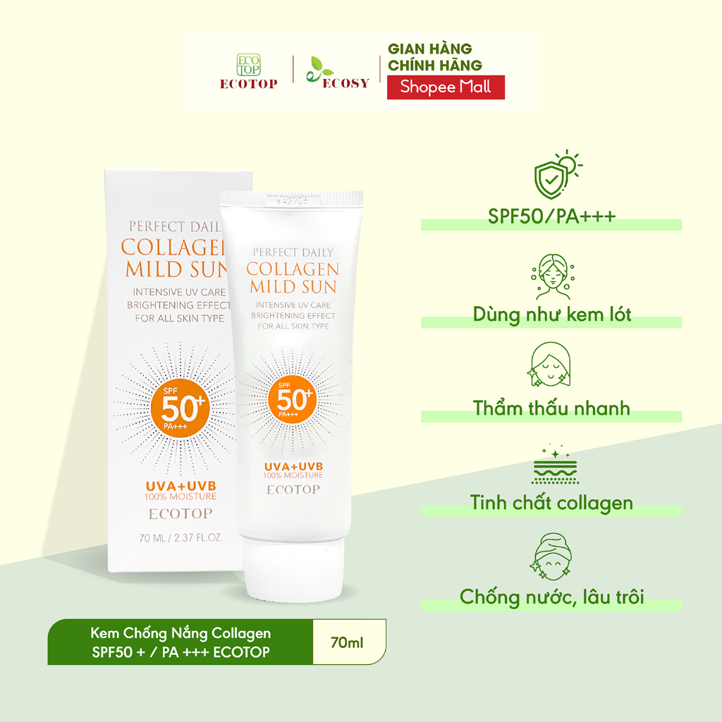 Kem Chống Nắng ECO TOP Perfect Collagen Mild Line SPF50+/PA+++ 70ml, Bổ Sung Tinh Chất Collagen Dưỡng Da Căng Mịn