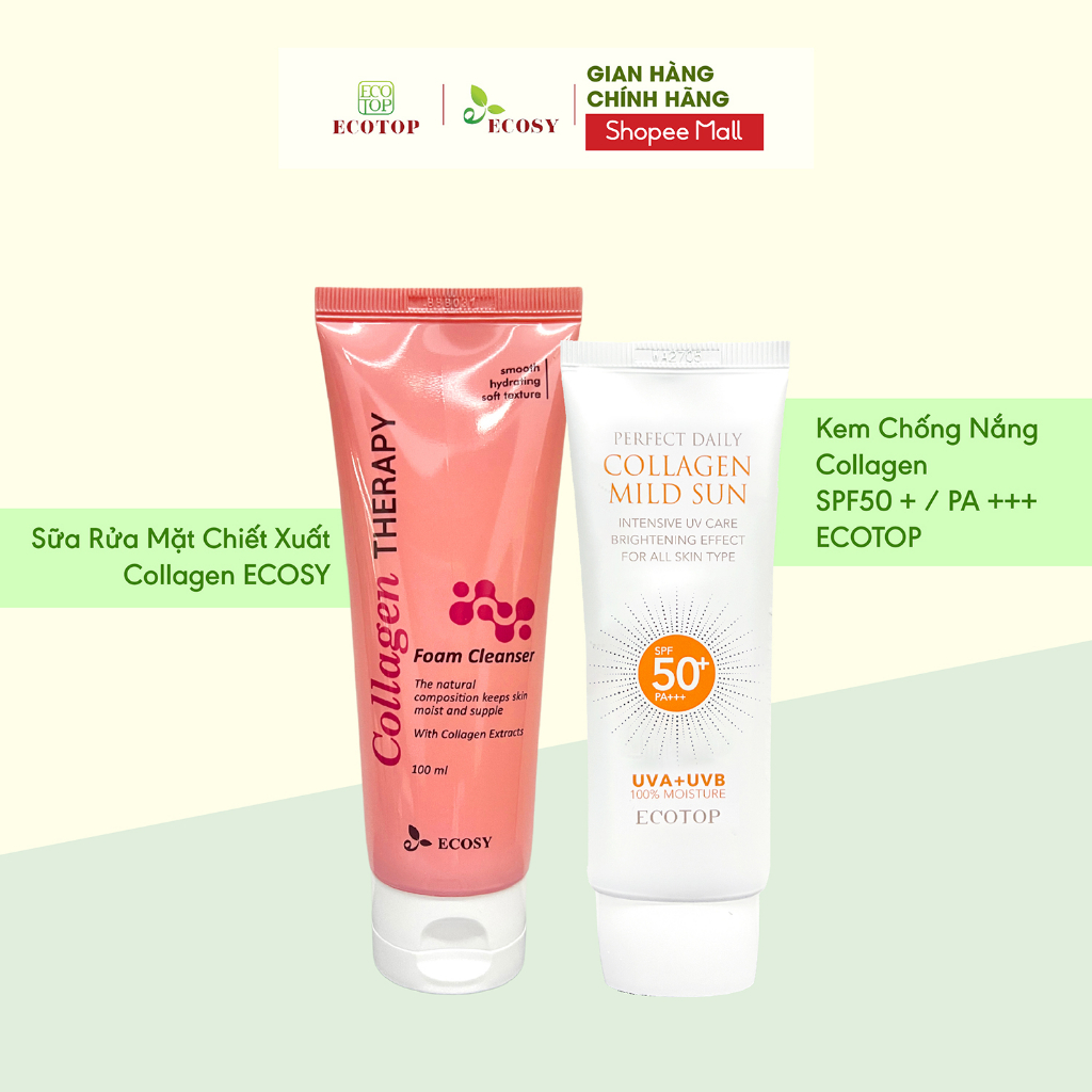 Combo Sữa Rửa Mặt ECOSY Collagen Deep Clean 100ml & Kem Chống Nắng ECO TOP Perfect Collagen Mild Line SPF50+/PA+++ 70ml