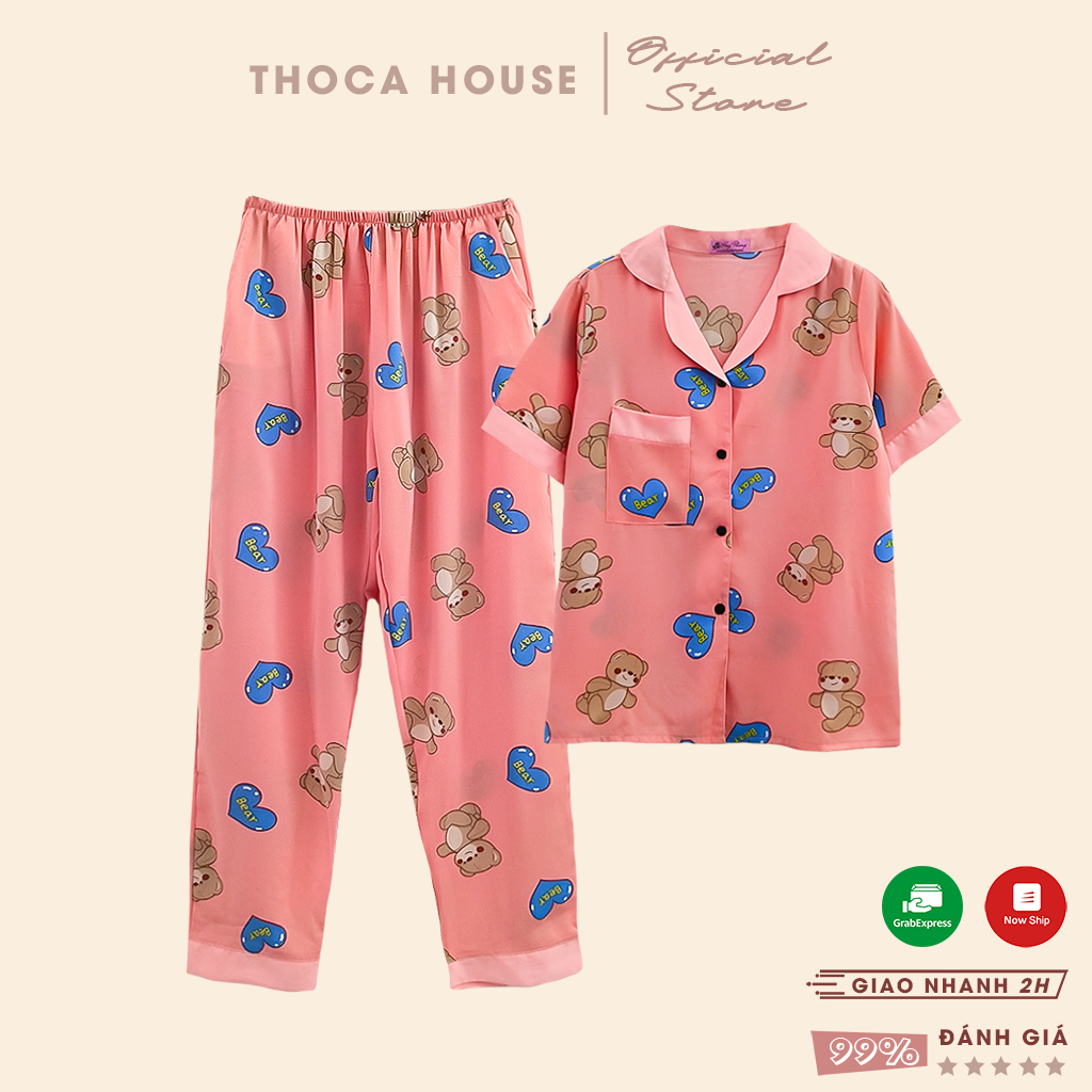 Đồ bộ pyjama mặc nhà vải lụa quần dài có túi quần THOCA HOUSE xinh xắn dễ thương