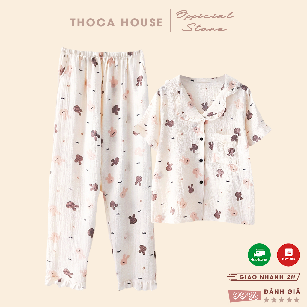 Đồ bộ pyjama mặc nhà vải xốp quần dài có túi quần THOCA HOUSE trẻ trung, phù hợp mọi lứa tuổi