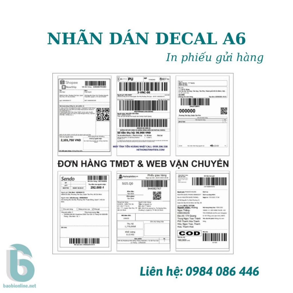 GIẤY DÁN DECAL A6 IN TEM VẬN CHUYỂN, NHÃN IN BILL, IN PHIẾU GỬI HÀNG DÙNG CHO MÁY IN LASER - BAOBIONLINE