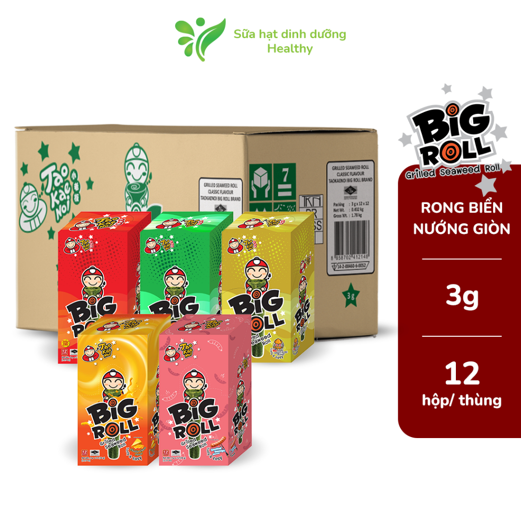 Thùng Snack Rong Biển Taokaenoi BIG ROLL Nhiều Vị (12 Hộp x 12 Gói)