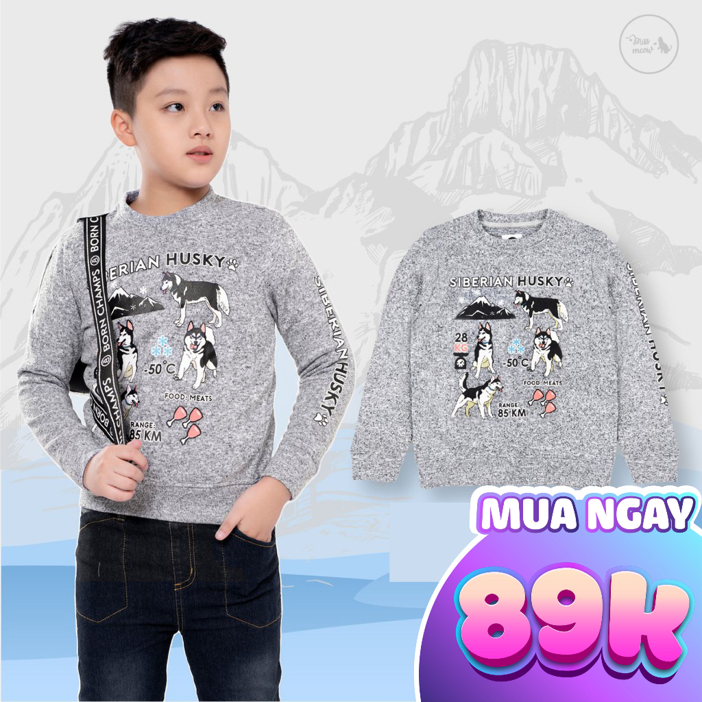 Áo Nỉ Len Dài Tay Bé Trai BigFox Missmeow Size Đại. Áo Len Thu Đông Cho Bé In Husky 2-11
