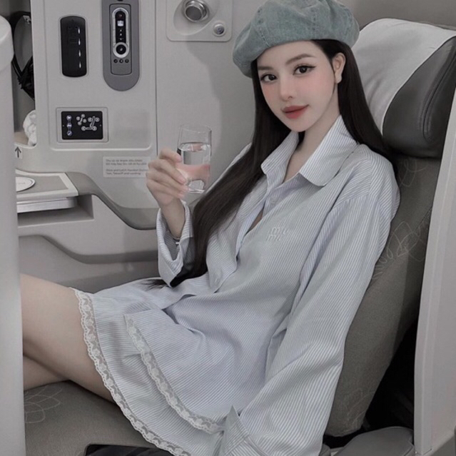 GINASTORE | SET Áo sơ mi kẻ sọc miumiu  phối bèo ren + chân váy xếp ly MPB  hàng chuẩn