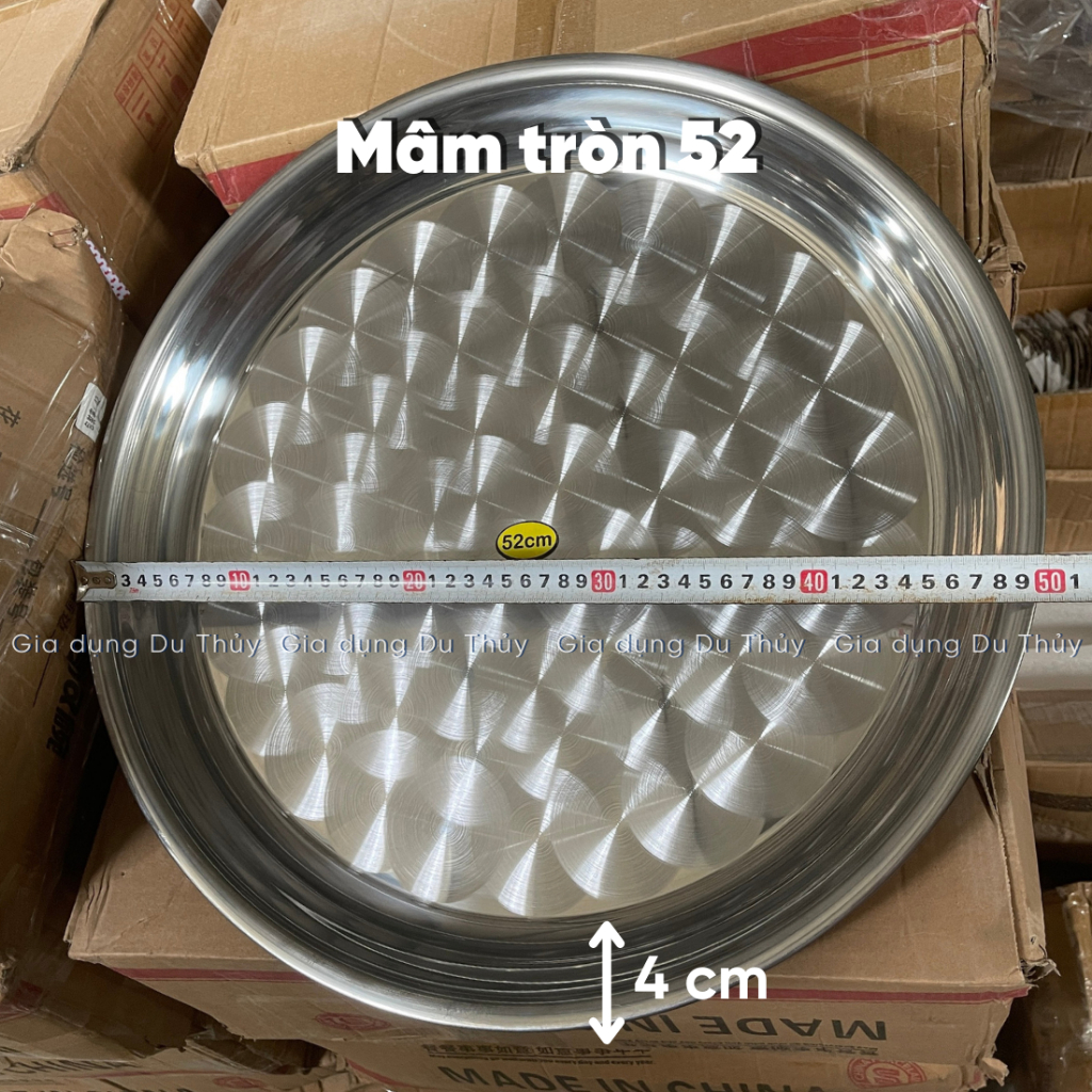 Mâm inox tròn size 44 - 52 cm, dùng làm mâm phục vụ, mâm đựng cơm canh chất liệu inox sáng bóng của gia dụng du thủy