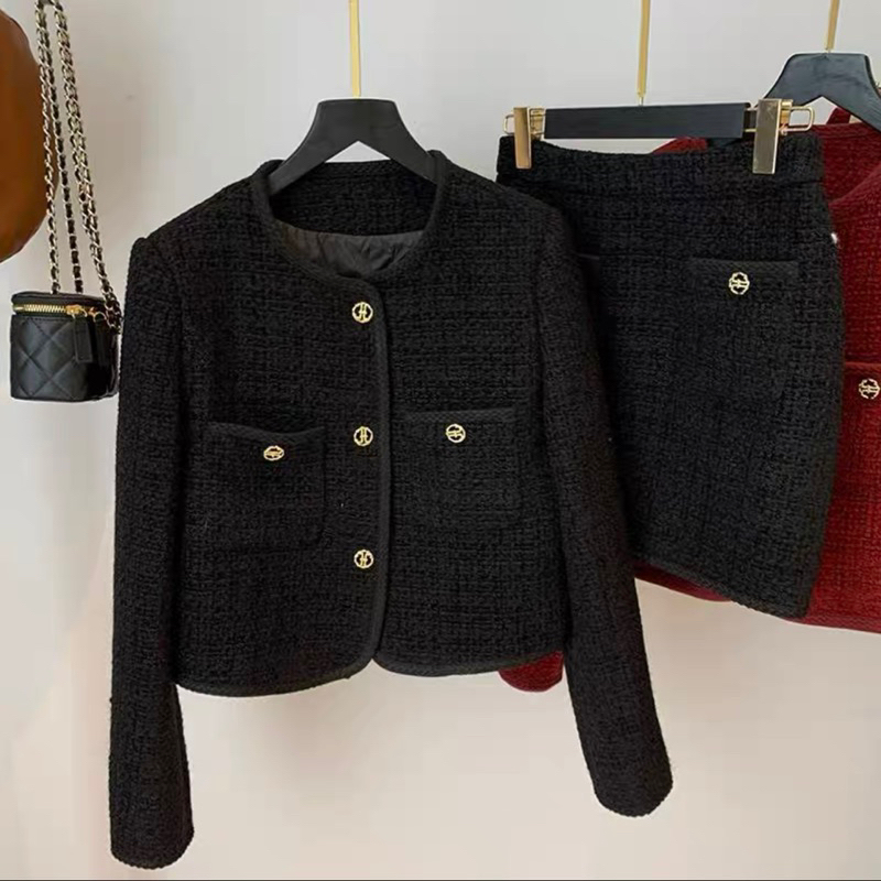 (SẴN) Set Dạ Tweed Áo Khoác Lửng Kèm Chân Váy Chữ A Hai Màu Siêu Xinh Phong Cách Hàn Quốc Kèm Ảnh Thật_Hàng Order
