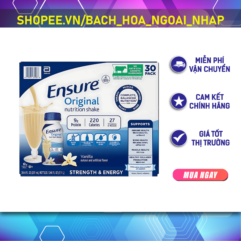 Sữa Ensure nước hương Vani Ensure Original Vanilla 237ml Thùng 30 chai (DATE 03/2025)