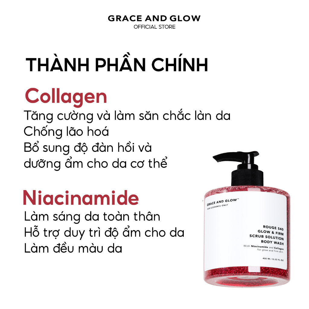 Sữa tắm tẩy tế bào chết scrub Grace and Glow Rouge 540 Scrub Solution body wash 400ml