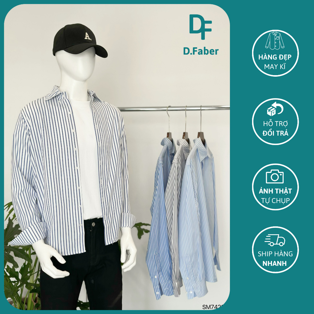 Áo sơ mi dài tay kẻ cổ bẻ D.Faber 7423-02 chất liệu thô Hàn không bai xù, không bám bụi