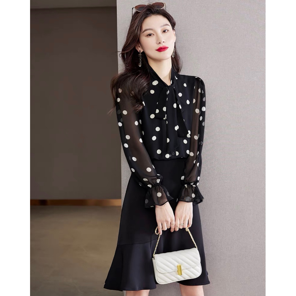 Áo cho mẹ, Áo thời trang trung niên u30 u4 u50 Cổ Nơ Chấm Bi To Tay Dài