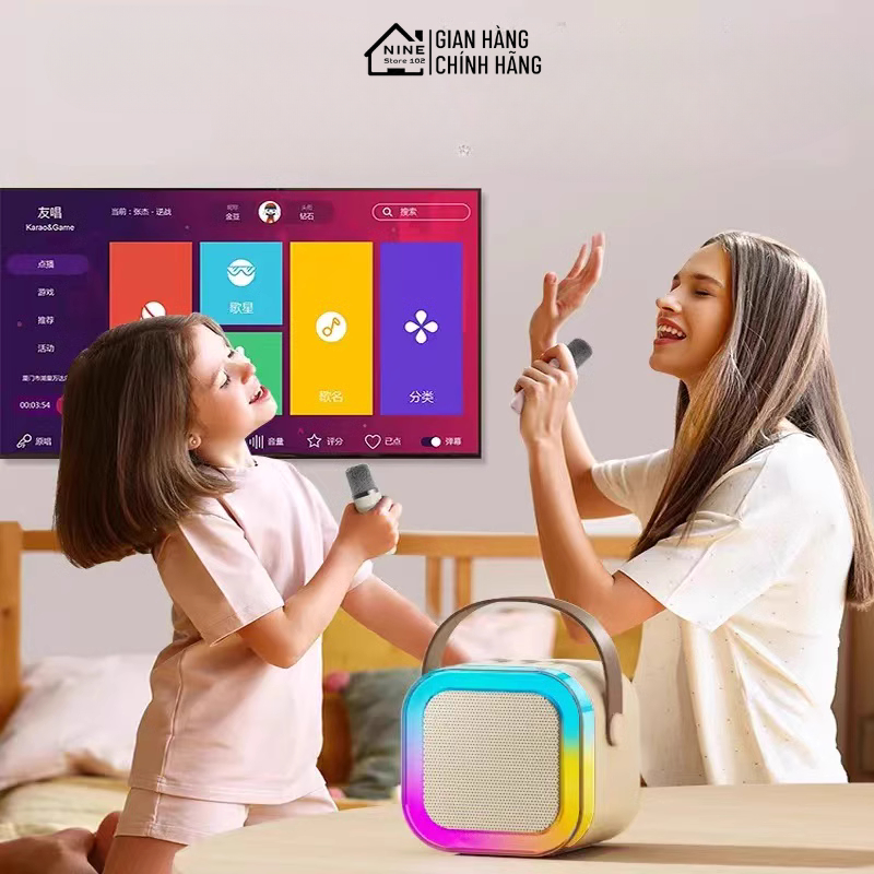 Loa Bluetooth Mini Karaoke Có Đèn Led Kèm Mic Không Dây Dễ Thương Chống Thấm Nước Hát Siêu Êm