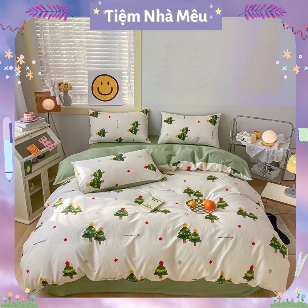 Bộ Vỏ Chăn Ga Gối 4 Món Cotton Living 100% Thoáng Mềm Phòng Cách Vintage Dễ Thương Freesize Tiệm Nhà Mêu