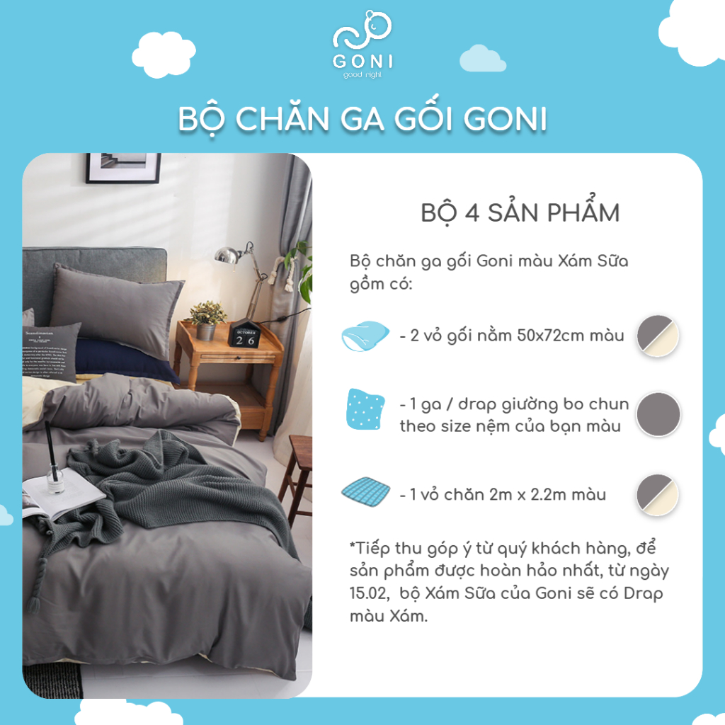 [Mã BMLT30 giảm đến 30K đơn 299K] Bộ chăn ga gối cotton tici GONI drap giường phối màu đủ size drap ga giường