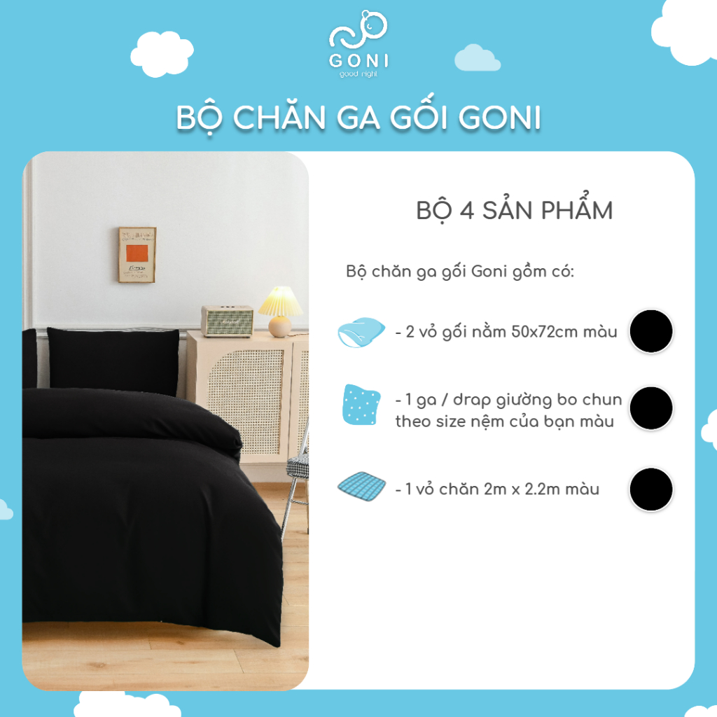 Bộ Chăn Ga Gối Cotton Tici GONI Drap Giường Màu Đen Trơn Đủ Kích Thước Trải Nệm Không Kèm Ruột