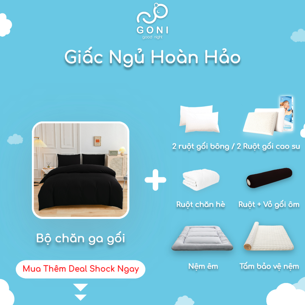 Bộ Chăn Ga Gối Cotton Tici GONI Drap Giường Màu Đen Trơn Đủ Kích Thước Trải Nệm Không Kèm Ruột