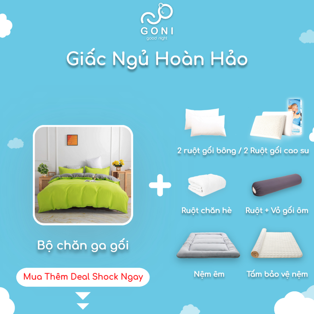 Bộ Chăn Ga Gối Cotton Tici GONI Drap Giường Phối Màu Xanh Chuối Xám Đủ Kích Thước Trải Nệm Không Kèm Ruột