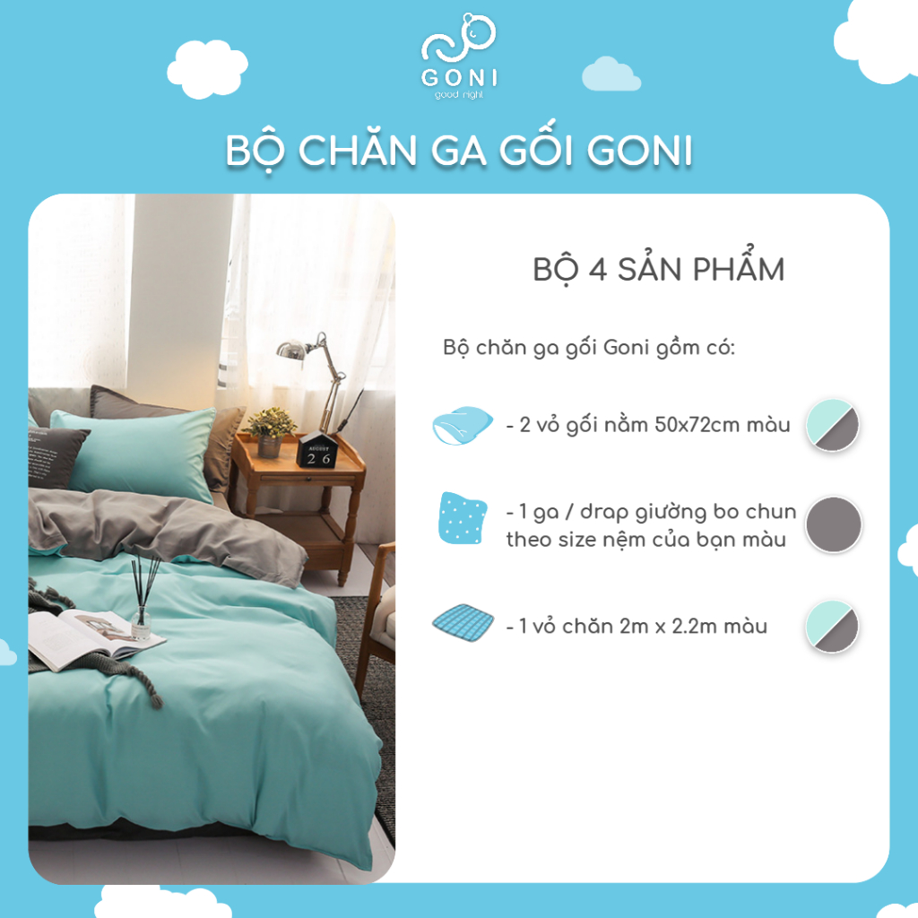 Bộ Chăn Ga Gối Cotton Tici GONI Drap Giường Phối Màu Xanh Xám Đủ Kích Thước Trải Nệm Không Kèm Ruột