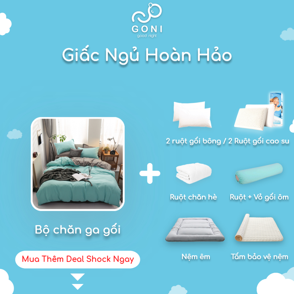 Bộ Chăn Ga Gối Cotton Tici GONI Drap Giường Phối Màu Xanh Xám Đủ Kích Thước Trải Nệm Không Kèm Ruột