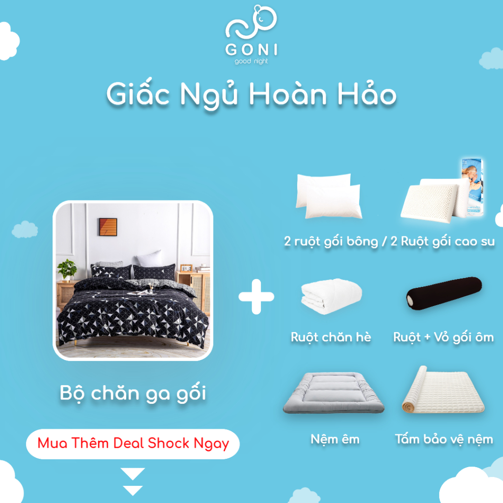 Bộ Chăn Ga Gối Họa Tiết Hoa Văn Tam Giác Cotton Tici GONI Drap Giường Đủ Kích Thước Trải Nệm Không Kèm Ruột