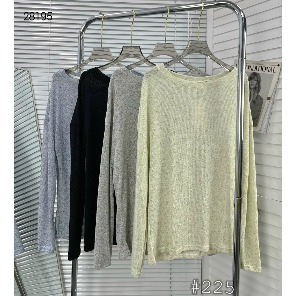 A28195-Áo cotton tiêu cổ tròn dài tay xẻ cạnh