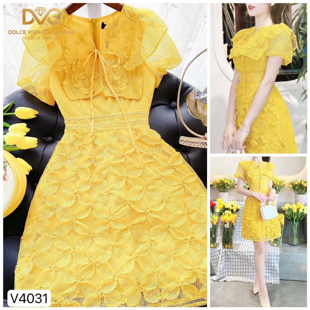 V4031 Váy đầm vàng ren lưới kết hoa dáng A nữ tính  váy ren vàng tiểu thư