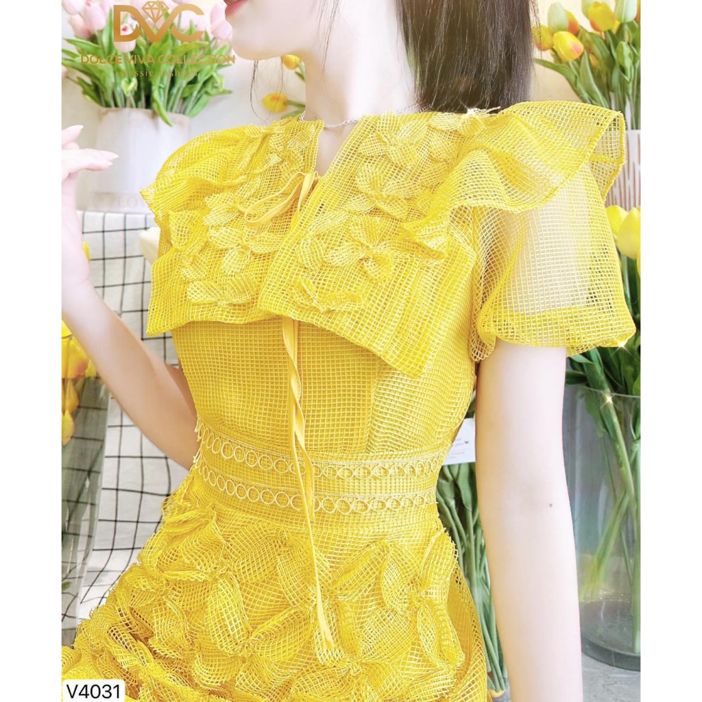 V4031 Váy đầm vàng ren lưới kết hoa dáng A nữ tính  váy ren vàng tiểu thư