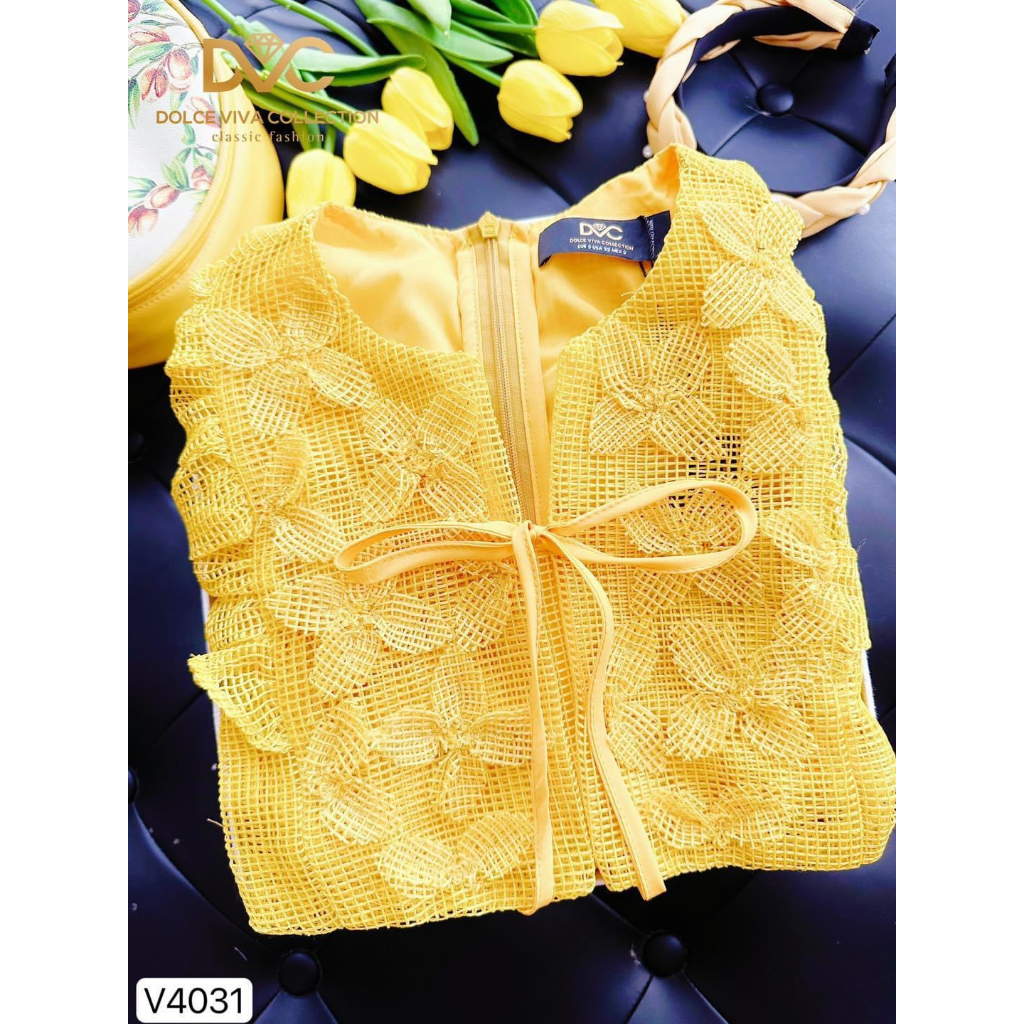 V4031 Váy đầm vàng ren lưới kết hoa dáng A nữ tính  váy ren vàng tiểu thư
