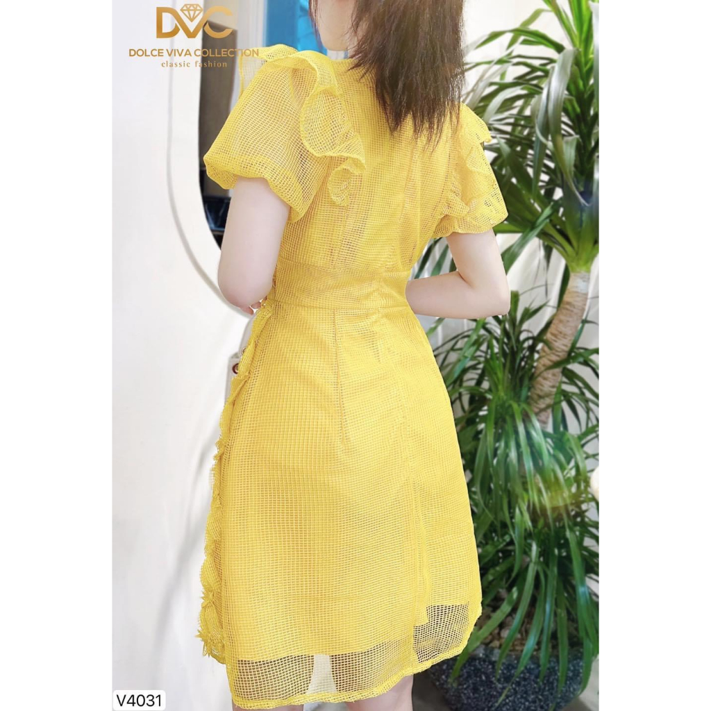 V4031 Váy đầm vàng ren lưới kết hoa dáng A nữ tính  váy ren vàng tiểu thư