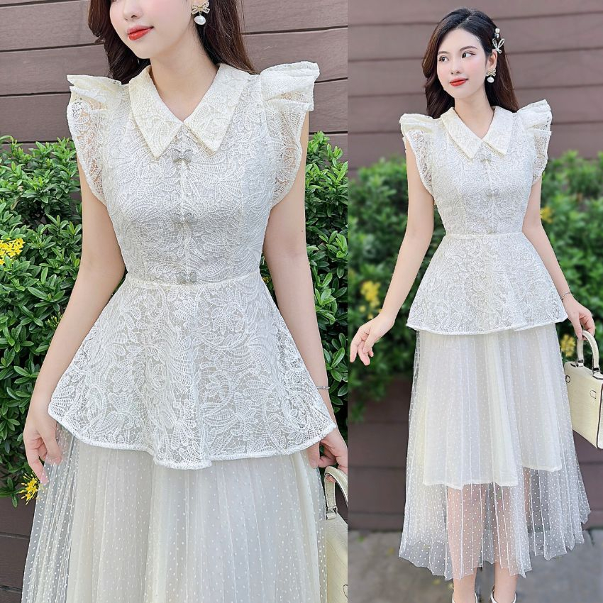 Đầm ren dự tiệc tay cánh tiên phối voan cực sang trọng - XU XU SHOP - Váy nữ thiết kế sát nách đính đá chân váy xếp ly