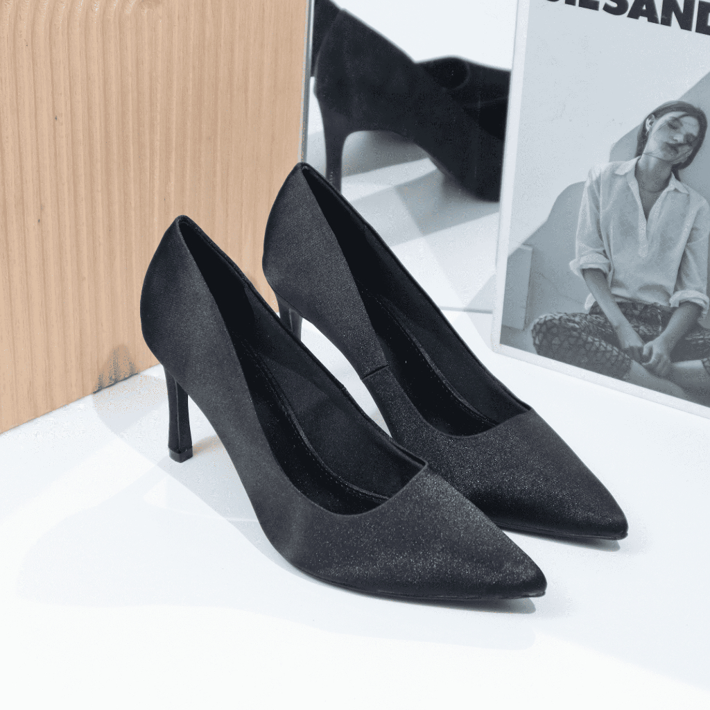 Giày cao gót nữ mũi nhọn cao 8cm bọc satin 1233