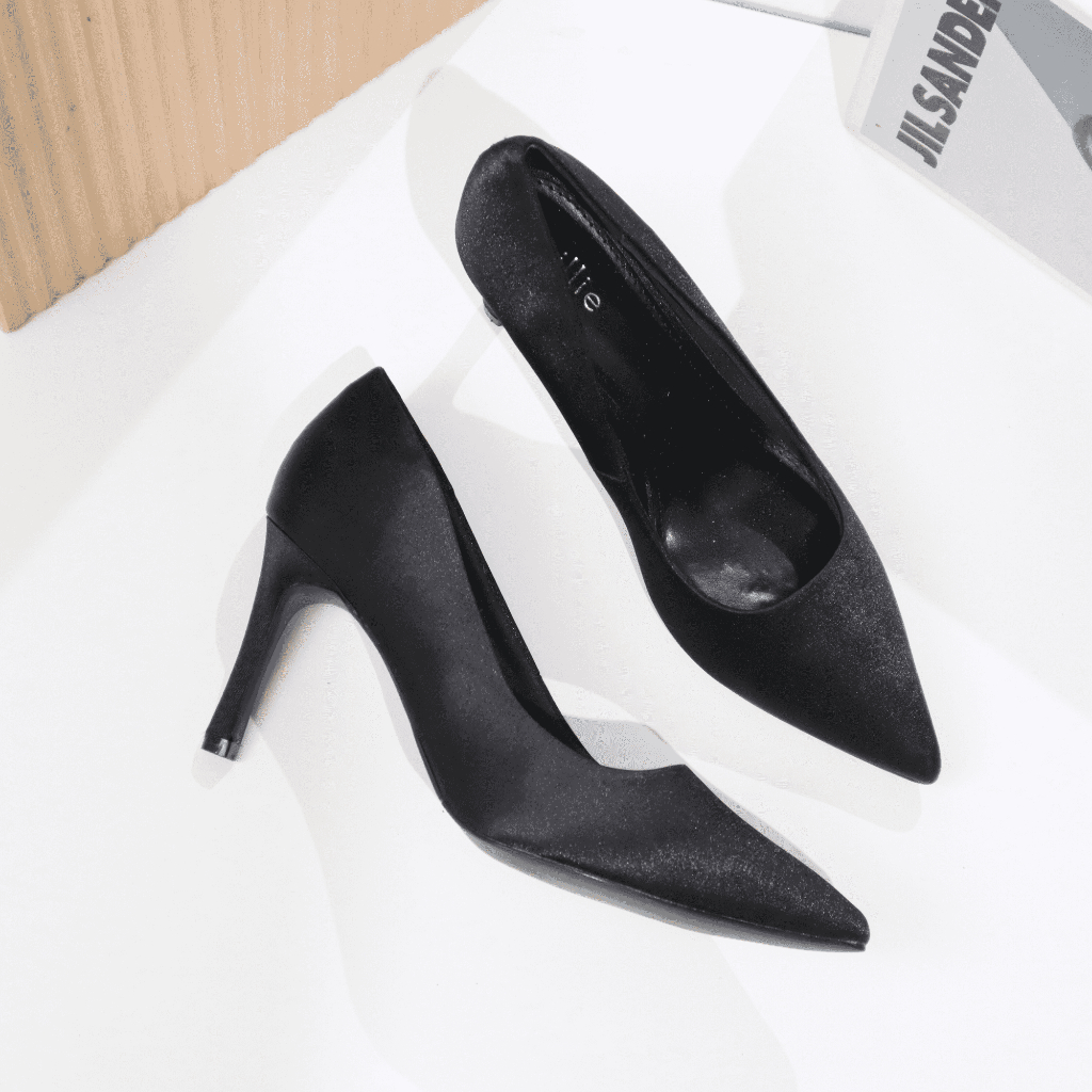Giày cao gót nữ mũi nhọn cao 8cm bọc satin 1233