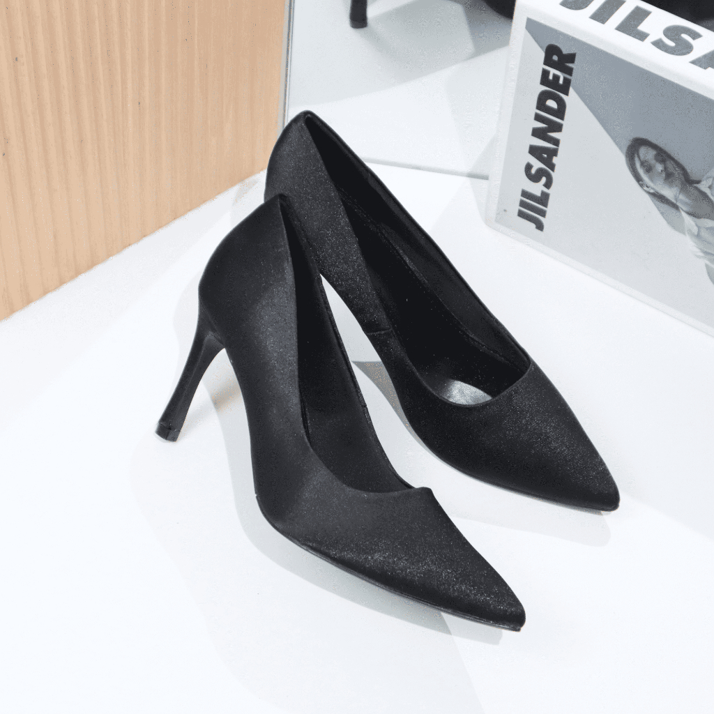 Giày cao gót nữ mũi nhọn cao 8cm bọc satin 1233