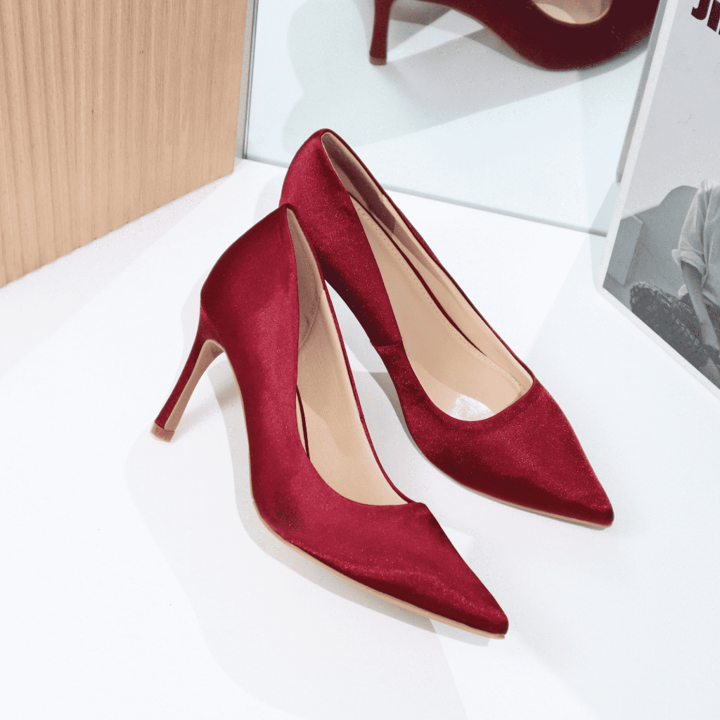 Giày cao gót nữ mũi nhọn cao 8cm bọc satin 1233