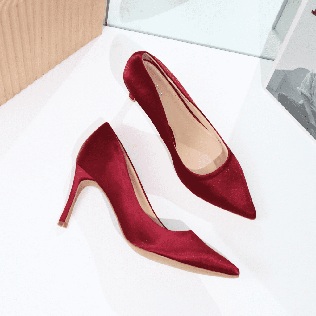Giày cao gót nữ mũi nhọn cao 8cm bọc satin 1233