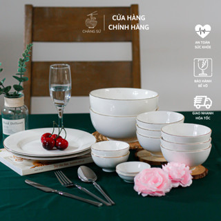  Set bát đĩa ăn cơm 14 món sứ trắng viền vàng sang trọng - Bộ chén dĩa kẻ vàng thật 12k sứ Minh Châu - Vỡ 1 đổi 1 